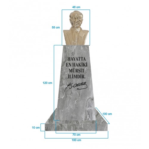 Atatürk Büstü (55cm Pirinç)+ Kaide (120cm)+ Alt Tabla (100x100cm) Mermer Desenli Gri